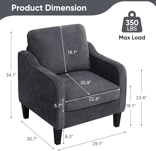 Accent Chairs Set of 2, Upholstered Living Room Chairs with Side Pocket, Mid Century Modern Reading Chair for Bedroom, Comfy Armchair Single Sofa Side Chair for Office, Small Room, Dark Grey