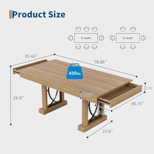 IDEALHOUSE Wooden Dining Table for 6-8 People with 2 Large Drawers,71 in ﻿