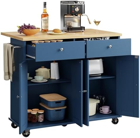 Shintenchi Kitchen Island with Drop Leaf, Rolling Kitchen Cart with Storage on Wheels, Table Bar Cart for Kitchen with Towel Rack & Seating Area for Dining Room, Blue