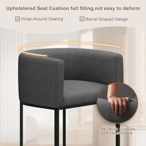 26" H Counter Height Bar Stools Set of 2, Modern Barrel Counter Stools with Backrest and Arms, Linen Fabric Upholstered Accent Barstools for Kitchen Island,Support 450 LBS (Carbon Black)