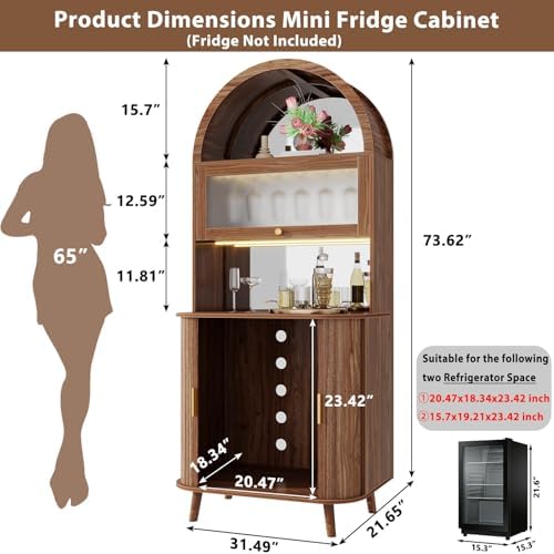 LVB Wine Fridge Cabinet, Arched Bar Cabinet with LED Light, Walnut, 73 Inch
