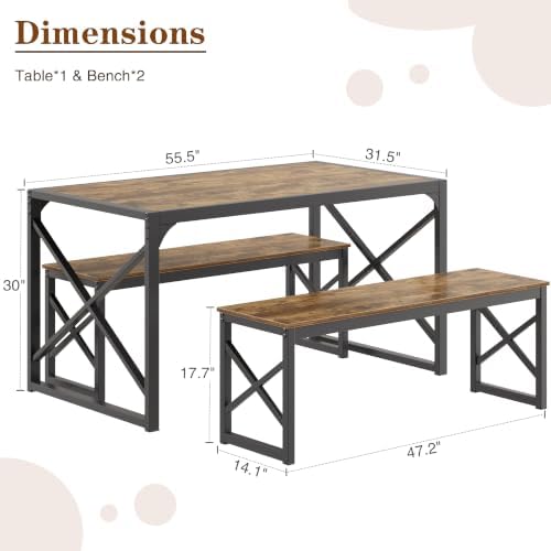 VECELO 55" Kitchen Dining Table Set for 4, Heavy-Duty Steel Frame & Wood-Grain Tabletop, Space-Saving Dinette Sets with 2 Benches for Breakfast Nook and Small Space, Brown