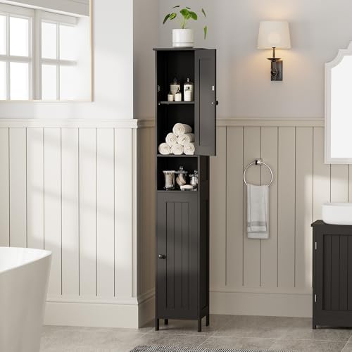 Homleke Tall Bathroom Storage Cabinet with 2 Doors, Slim Bathroom Cabinet | Narrow Storage Cabinet with Adjustable Shelves, Reversible Door, Easy Assembly, for Bathroom, Living Room, Black, 11.8''W