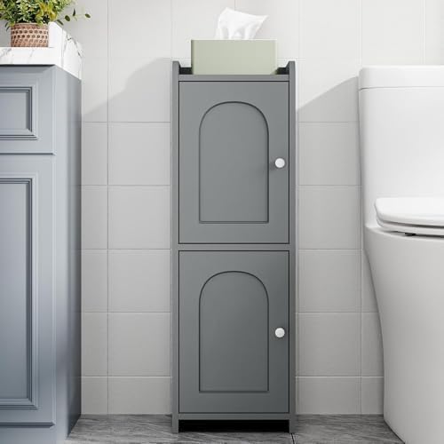 Hzuaneri Bathroom Storage Cabinet, Small Corner Floor Cabinet with 2 Doors | Narrow Toilet Paper Cabinets with Adjustable Shelf, Bathroom Organizer for Small Spaces, 7.9" D x 9.8" W x 29.5" H Gray