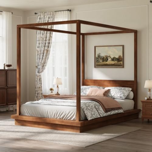 Queen Size Canopy Bed with Headboard (Brown)