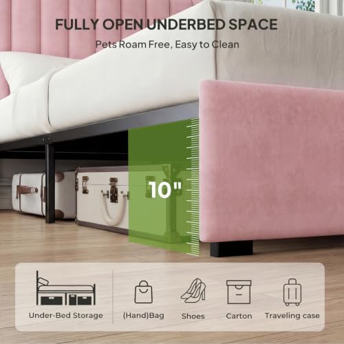 Welzona Full Size Velvet Upholstered Bed Frame with Tufted Headboard, Pink