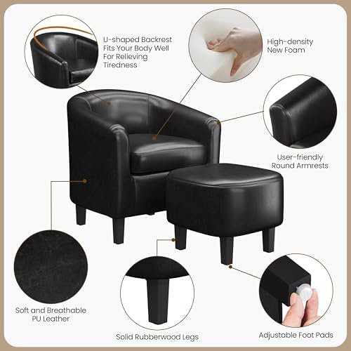 Yaheetech Accent Chairs with Ottoman, Faux Leather Set of 2, Black