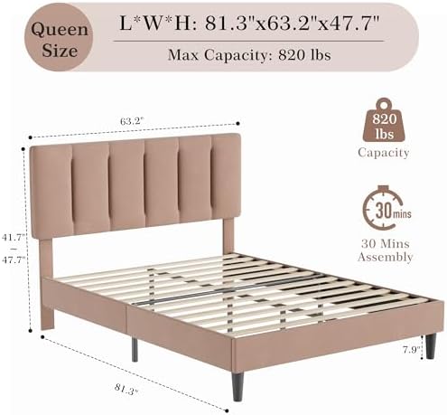 VECELO Queen Size Bed Frame with Upholstered Headboard, Coffee