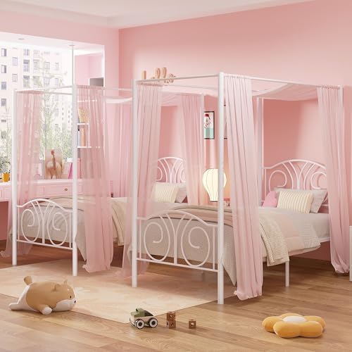 VECELO Twin Canopy Bed Frame, Vintage Scrollwork Headboard, Pure White