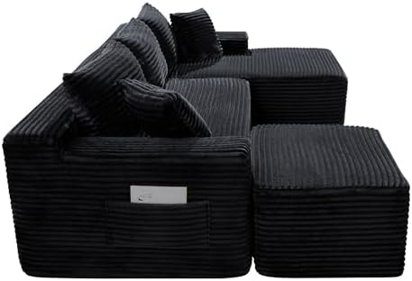 106-Inch Oversized U-Shaped Right Facing Corner Compressed Sofa Modular Boneless Cloud Sectional Sofa Floor Foam Couch W/Chaise & Ottoman, Corduroy Corner Boneless Cloud Couch