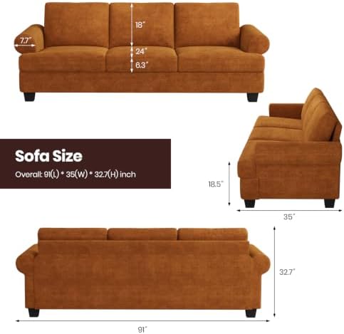 COPIAE 91 Inch Lawson Sofa with Extra Deep Seats Oversize, Water-Resistant Mid-Century 3-Seat Sofa Couch, for Living Room, Apartment, Lounge, Chenille Orange