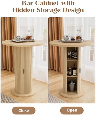 Bar Table with Storage and Sliding Door, 39.4” H 31.5” W Small Round Kitchen Table, Home Bar High Top Cocktail Table for Kitchen, Coffee Bar, Living Room, Oak
