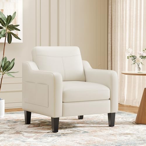MALOL PU Leather Accent Chair, Mid-Century Modern Living Room Armchair Sofa with Removable Cushions, Solid Wood Frame & Stitched Armrest Design, Bedroom Chair with Plastic Legs, Beige