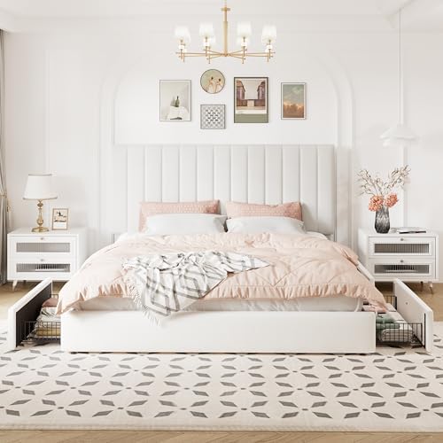 Allewie King Size Storage Bed Frame, Vertical Channel Tufted Adjustable Headboard, Velvet Upholstered Platform Bed with 4 Oversized Underbed Drawers, Wooden Slats Support, No Box Spring Needed, White