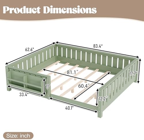 Bellemave Queen Size Floor Bed with Slats and Safety Guardrail, Queen Size Montessori Floor Bed with Fence and Built-in Bookshelf, Easy Assemble Montessori Beds for Girls, Boys, Avocado Green