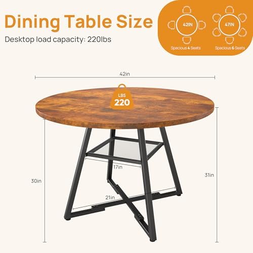 Alpen 42" Round Dining Table for 4-6, Farmhouse Kitchen Table with Storage Shelf, Wood Circle Table with Pedestal Metal Frame, Small Space Table for Apartment, Dining Room, Vintage Brown