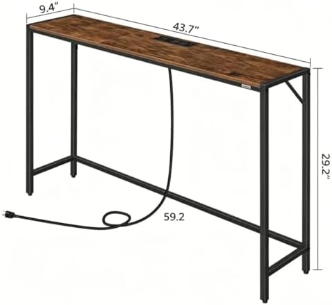 MAHANCRIS Console Table, Narrow Sofa Table, 43.7” Entrance Table with Power Station, Behind Couch Table, Simple Style, for Living Room, Hallway, Entryway, Foyer, Rustic Brown and Black CTHR112E01
