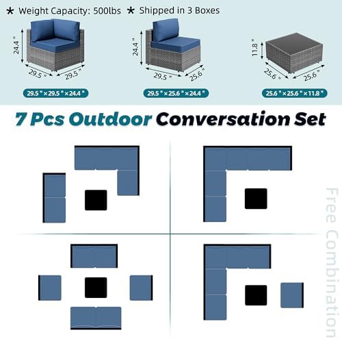 SUNLEI 7pcs Patio Conversation Sets Outdoor Furniture Sets, High Back All-Weather Rattan Sectional Sofa with Tea Table&Washable Couch Cushions(Silver Rattan) (Aegean Blue)
