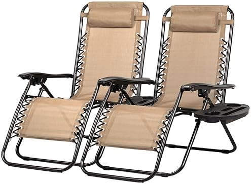 Nazhura Set of 2 Relaxing Recliners Patio Chairs Adjustable Steel Mesh Zero Gravity Lounge Chair Beach Chairs with Pillow and Cup Holder Khaki (Kahki)