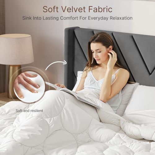 Yaheetech King Bed Frame with Chevron Channel-Tufted Headboard, Dark Gray