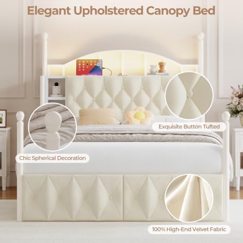 Full Size Upholstered LED Canopy Bed Frame with 2 Drawers and & Charging Station, Button Tufted Storage Headboard, Metal Platform Bed with 4 Removable Posts, No Box Spring Needed, White