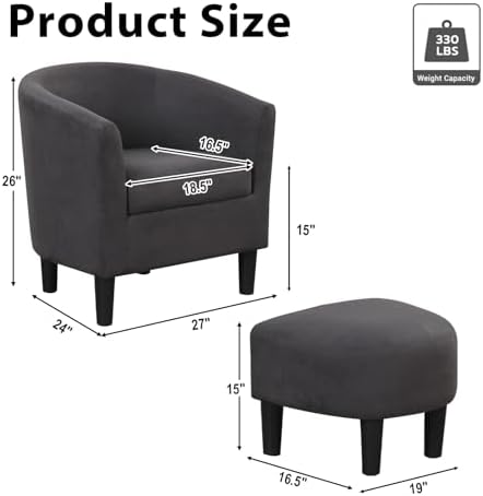 INZOY Modern Accent Chair with Ottoman for Small Space, Club Chair with Ottoman Set, Comfy Fabric Barrel Reading Chairs for Living Room Bedroom, Round Reading Chair with Foot Rest, Dark Grey