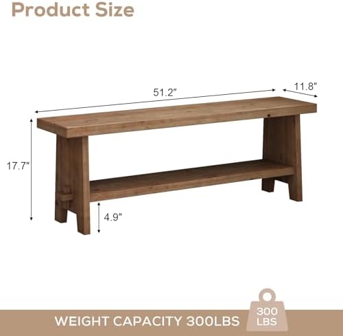 HOKYHOKY Wood Entryway Bench - 51.2" Farmhouse Long Storage Bench, Indoor
