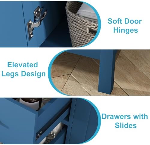 Montary 60" Bathroom Vanity with Sink & 61" Carrara Quartz Top | with 3 Pre-Drilled Faucet Holes, Solid Wood Cabinet, Soft-Close Double Doors & 9 Smooth-Glide Drawers,Blue