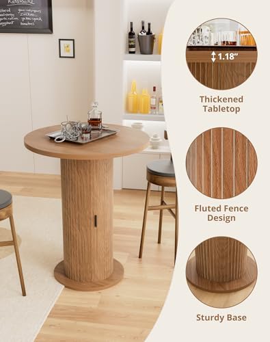 Bar Table with Storage and Sliding Door, 39.4” H 31.5” W Small Round Kitchen Table, Home Bar High Top Cocktail Table for Kitchen, Coffee Bar, Living Room, Walnut
