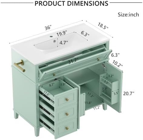 YOPTO 36" Bathroom Vanity with Sink, Freestanding Bathroom Cabinet | Ceramic Top & Backsplash, 3 Storage Drawers, 1 Tilt-Out Storage, Adjustable Shelving, Door Storage and Towel Bar, Sage Green