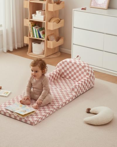 Blissful Diary Foldable Kids Couch, 2-in-1 Kids Sofa Chair, Blush Check