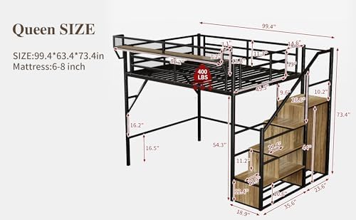 Queen Size Metal Loft Bed with Reversible Stairs and LED & USB Port