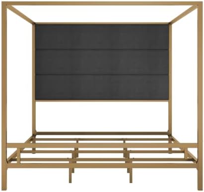 LUMISOL Gold Canopy Bed Frame King, Metal 4-Poster Bed with Tall Linen Upholstered Headboard, Box Spring Needed, Easy Assembly, Gold + Dark Grey