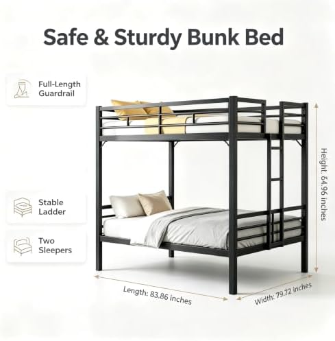 PVWIIK King Over King Metal Bunk Bed with Guardrails,Ladder,Black