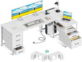 Coleshome 63 Inch L Shaped Office Desk with 6 Drawers, Power Outlet, White