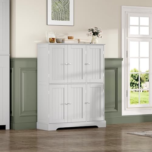 ChooChoo Bathroom Floor Cabinet with 6 Doors and Adjustable Shelves | Modern Bathroom Storage Cabinet, Freestanding Cupboard for Living Room, White