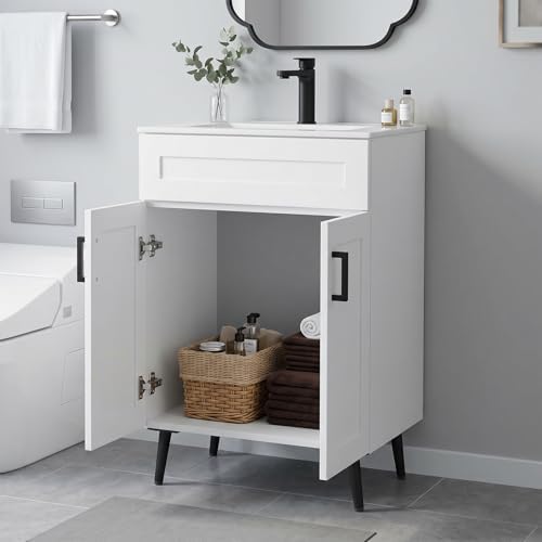 24 Inch Bathroom Vanity with Sink, Modern Wooden Freestanding Bathroom Storage Cabinet with 2 Doors, Metal Legs, Painted Surface, White