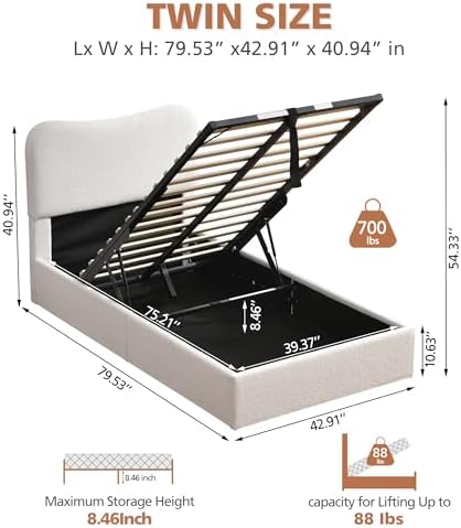 VELOCAVA Twin Size Lift-Up Storage Bed, Modern Upholstered Boucle Bed with Curved Headboard, Gas Lift Platform, Sturdy Wooden Slat Support, No Box Spring Needed, Easy Assembly, Cream White