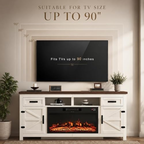 Fireplace TV Stand with Barn Door, 80 inch,Modern White