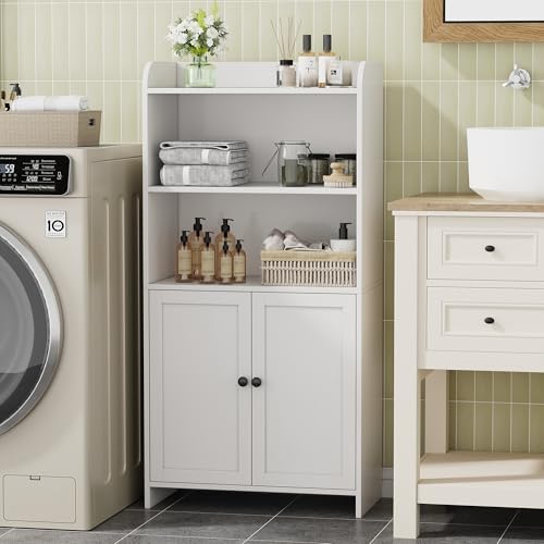 Homhedy Small Bathroom Storage Cabinet, Toilet Paper Storage Cabinet | Bathroom Floor Cabinet with Doors and Shelves, Bathroom Organizers for Small Spaces, 9.8" D x 19.7" W x 39.9" H, White
