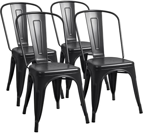 Furmax Metal Dining Chair Indoor-Outdoor Use Stackable Classic Trattoria Chair Chic Dining Bistro Cafe Side Metal Chairs Set of 4 (Black)