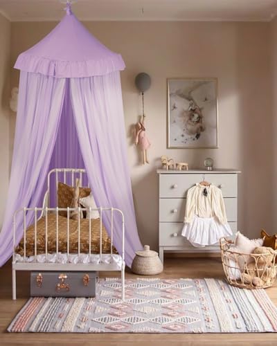 Large Bed Canopy with Star Lights, Double Layer Canopy for Bed, Princess Play Tent for Girls Room, Breathable Canopy Bed Curtain for Children Reading Nook, Machine Washable Canopy, 40''x106'', Purple