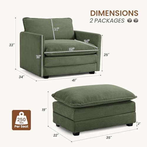 ROWHY 41'' Single Armchair with Ottoman, Modern Corduroy Cloud Couch with Convertible Chaise, Upholstered Sofa Set for Living Room, Green