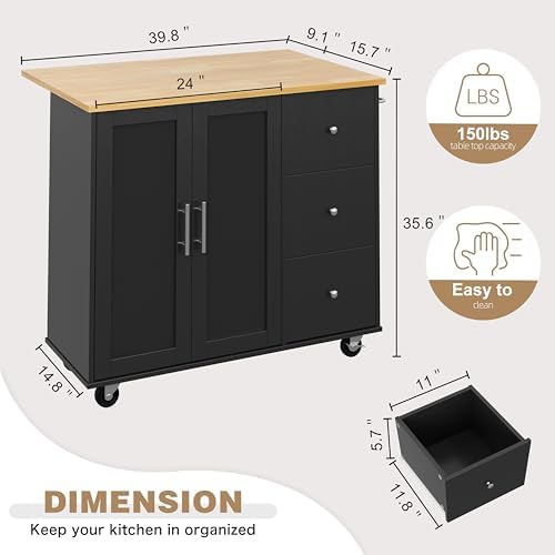 Shintenchi Kitchen Island with Folding Drop Leaf, Rolling Island Table with Storage, Kitchen Cabinet on Wheels with Seating Area for Kitchen, Bar Cart with Cabinet, Black