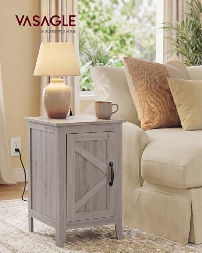 VASAGLE Side Table with Charging Station and Storage Cabinet, Nightstand