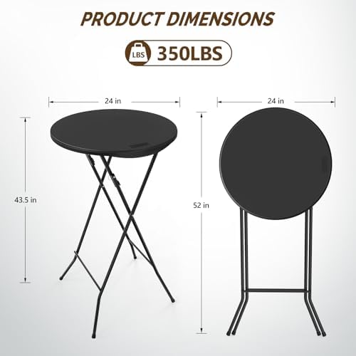 VINGLI 24" Plastic Folding Round Table Bar Height, HDPE Matrial with Gray Metal Finish, High Top Table for Outdoor Party, Cafes, Restaurants, Backyard, Dining Room, Wedding Event,1 Pack, Black