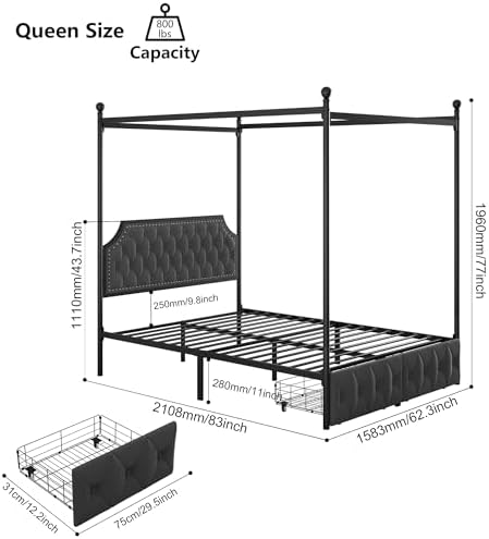 Keyluv Queen Upholstered Canopy Bed Frame with 2 Storage Drawers & Button Tufted Headboard, Metal Platform Bed with 4 Removable Posts, Two-Purpose Velvet Bed, Dark Grey/Curtain Not Included