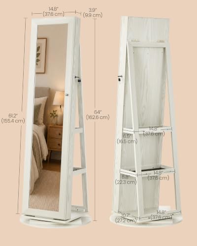 SONGMICS HOME Standing Jewelry Cabinet, Full Length Mirror with Storage | Swivel Jewelry Armoire, Lockable Rotating Organizer, Rear Storage Shelves, Bedroom Organization, White UJJC006W01SH