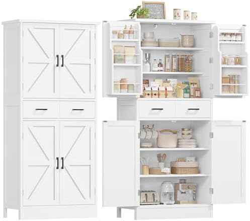 TEENFON Farmhouse Pantry Cabinet, 66.9″H Tall Kitchen Storage Cabinet with Barn Doors, Adjustable Shelves & Drawer, Freestanding Cupboard for Kitchen, Dining Room, Living Room, Bathroom, White