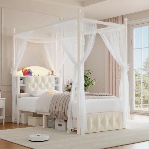 Twin Size Upholstered LED Canopy Bed Frame with 2 Drawers and & Charging Station, Button Tufted Storage Headboard, Metal Platform Bed with 4 Removable Posts, No Box Spring Needed, White